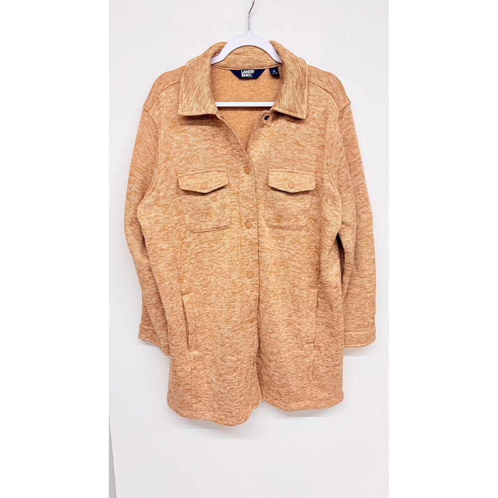 Gorpcore Cabincore Shacket Marled Knit Snap Front Lands' End Women 1X Tan